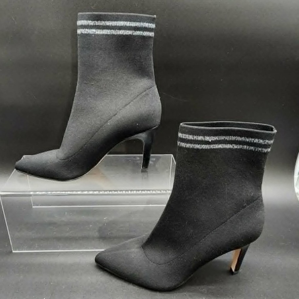 Leith Sock Booties Women Black 9M Pointed Toe Stiletto Knit Metallic Stripe Chic